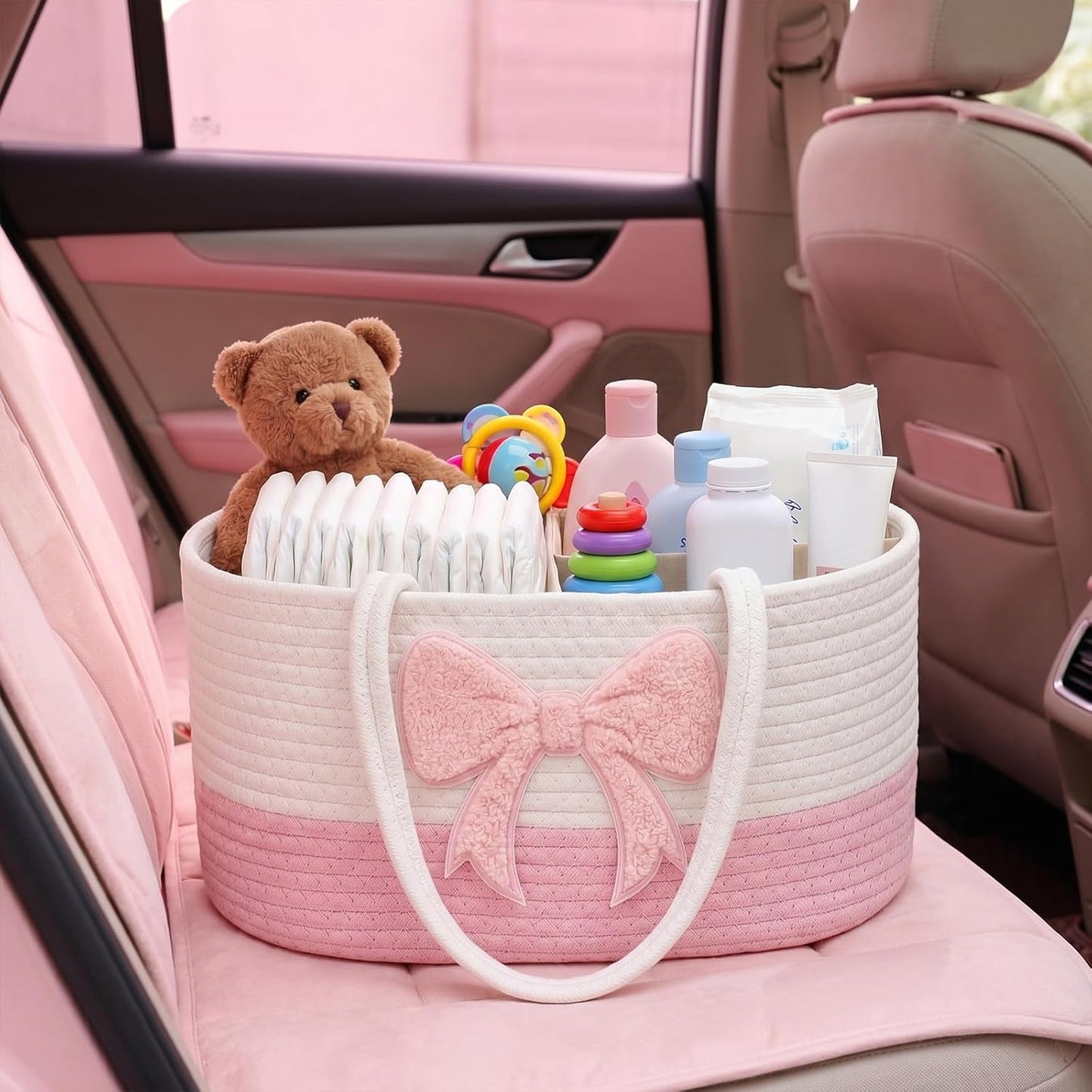 Diaper Caddy Organizer Cotton Rope Diaper Caddy Basket Pink Bow Empty Gift Basket Nursery Storage Bin and Car Organizer with Removable Divider Baby Shower Gifts Newborn Essentials