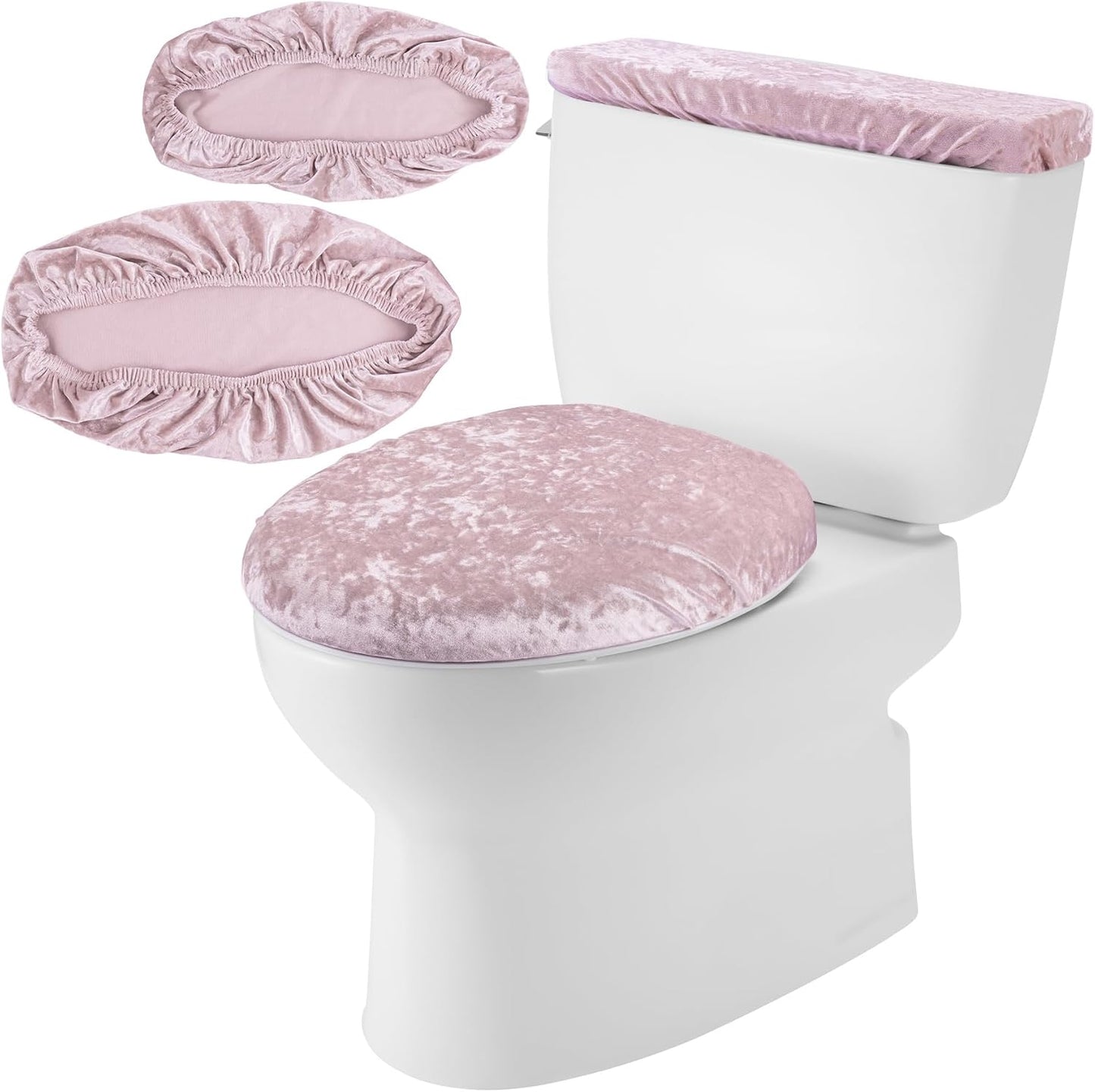 Stretch Velvet Toilet Lid Cover and Tank Lid Cover Set With Elastic Bottom for Bathroom Decor (Pink)