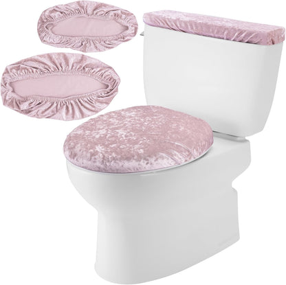 Stretch Velvet Toilet Lid Cover and Tank Lid Cover Set With Elastic Bottom for Bathroom Decor (Pink)