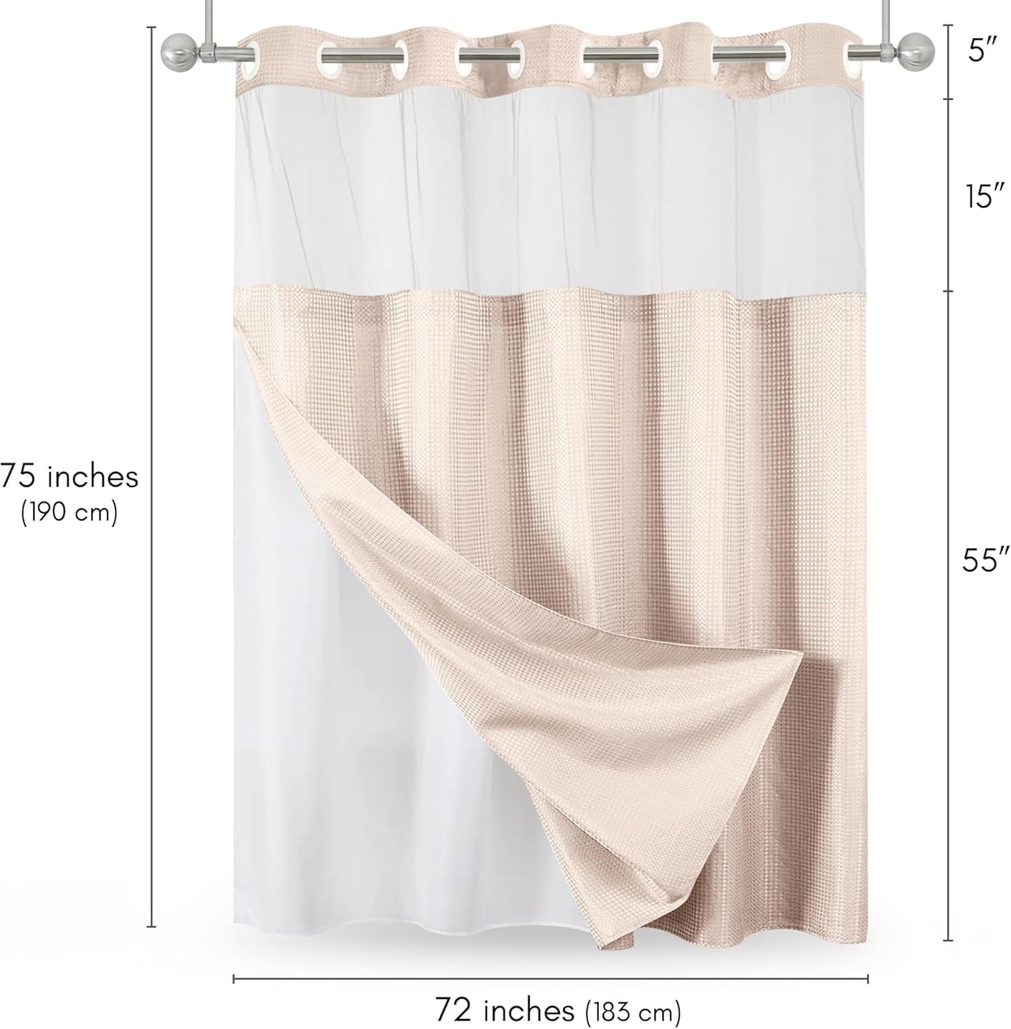 Americanflat 72x75 Hookless Waffle Pattern Shower Curtain - Water-Resistant Long Shower Curtain with Sheer Panel, Snap-in Liner, and Durable Grommets - 100% Polyester - Pink