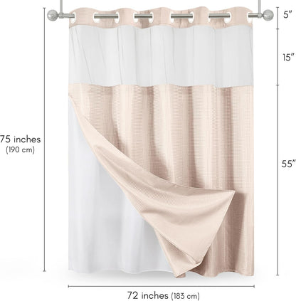Americanflat 72x75 Hookless Waffle Pattern Shower Curtain - Water-Resistant Long Shower Curtain with Sheer Panel, Snap-in Liner, and Durable Grommets - 100% Polyester - Pink