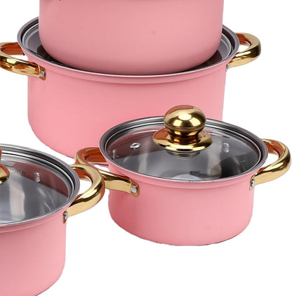 Cookware Set Stainless Steel, 5 Piece Pot Set with Glass Lids Ranging 16cm to 24cm for Boiling Simmering Frying, Dual Handle Easy Grip (Pink)