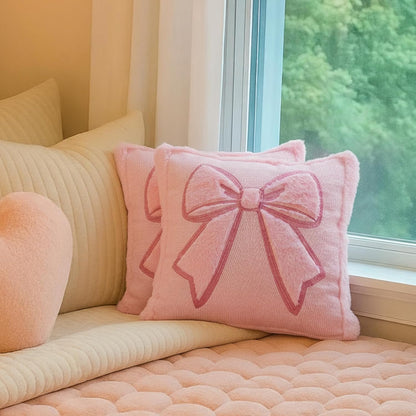 Gilprop Pink Bow Pillow Covers 18x18 Set of 2 Embroidered Coquette Preppy Room Decor Decorative Cute Faux Fur Soft Bowknot Aesthetic Pillow Cover Valentine's Pillowcase for Bed Couch Dormitories Decor