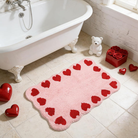 Whaline Valentine' s Day Rug Mat Bathmat 32 x 20 Inch Red Heart Scalloped Pink Absorbent Bathroom Rug for Wedding Anniversary Home Kitchen Living Room Decoration