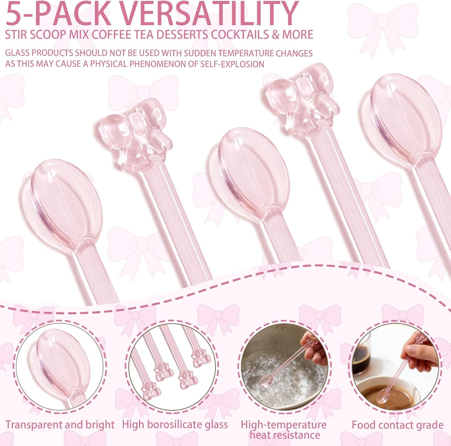 5Pcs Adorable Pink Bow Glass Stirring Spoon,5.9" Fun & Girly Teaspoon for Coffee, Tea, Desserts,Cocktails, Hot Chocolate, Scooping Sugar, Honey,Cute & Whimsical Spoon for Wedding