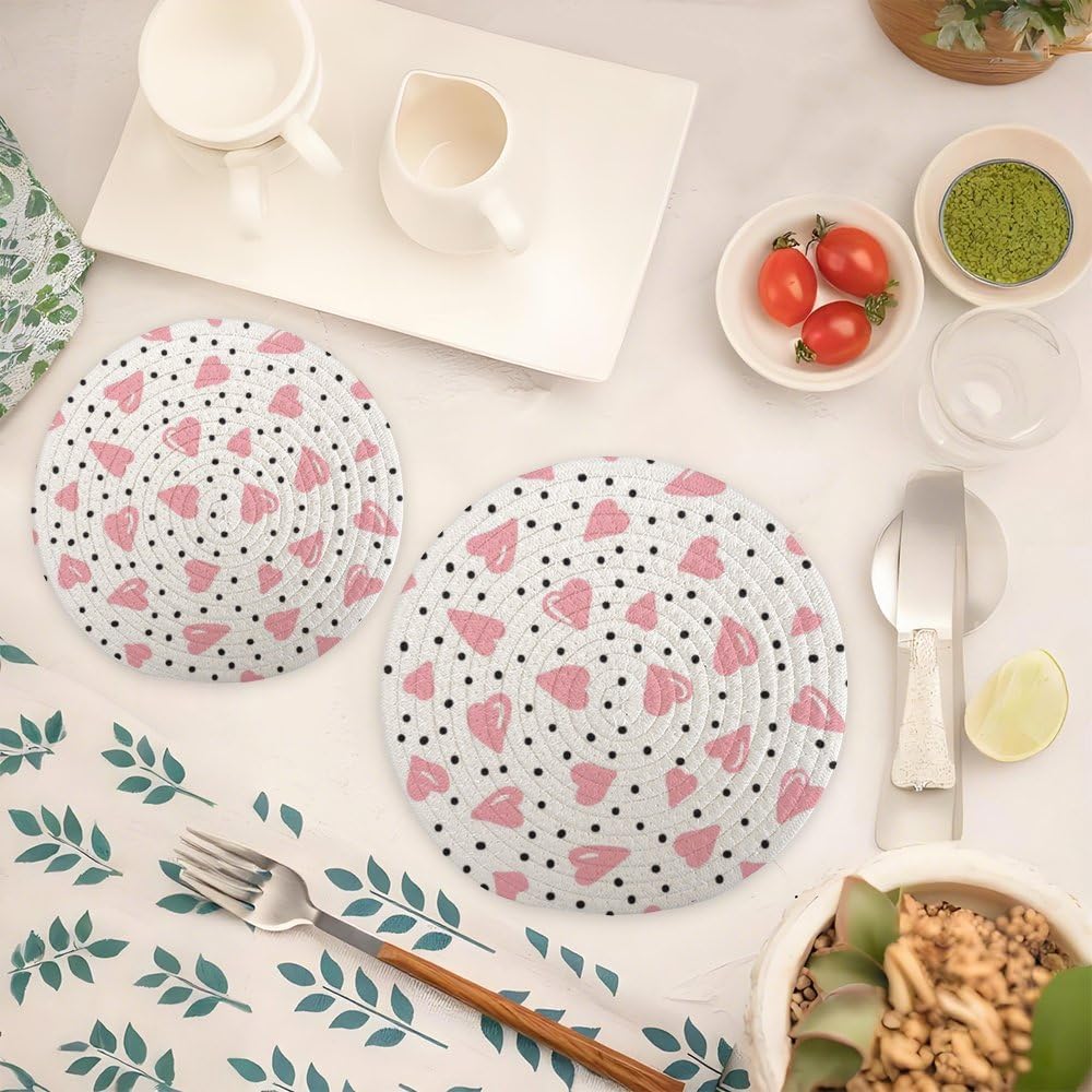 Cotton Trivets Mats Set of 2, Light Pink Heart Large Trivets Set for Hot Pots and Pans, Pot Holders Protector Kitchen Essentials for Cooking and Baking