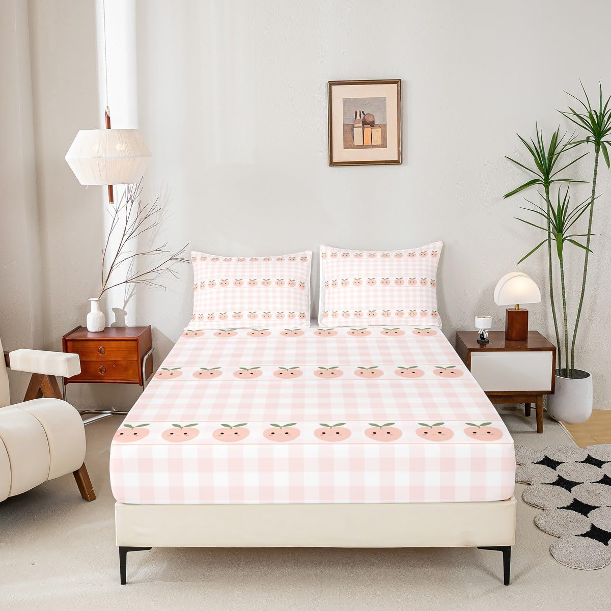 Peach Print Fitted Sheet Queen Size,Pink White Checkered Bedding Sets 3Pcs for Girls Boys Adult Room Decor,Cartoon Fruit Bed Sheets Sweet Kawaii Deep Pocket Sheet,2 Pillowcases
