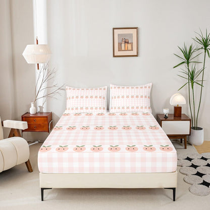 Peach Print Fitted Sheet Queen Size,Pink White Checkered Bedding Sets 3Pcs for Girls Boys Adult Room Decor,Cartoon Fruit Bed Sheets Sweet Kawaii Deep Pocket Sheet,2 Pillowcases