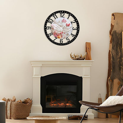 Metal Wall Clock for Living Room -10" Pink Butterflies and Fish in Coral Garden Silent Non Ticking,Battery Operated, Antique Clocks for Farmhouse,Bedroom,Kitchen - Arabic Numerals