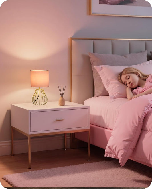 Pink and Gold Table Lamp, Small Bedside Lamp with Metal Base & Pink Linen Lampshade, Modern Nightstand Lamp, Little Cute Desk Lamp for Girl Kid's Room, 2700K LED Bulb Included, DP06TL05