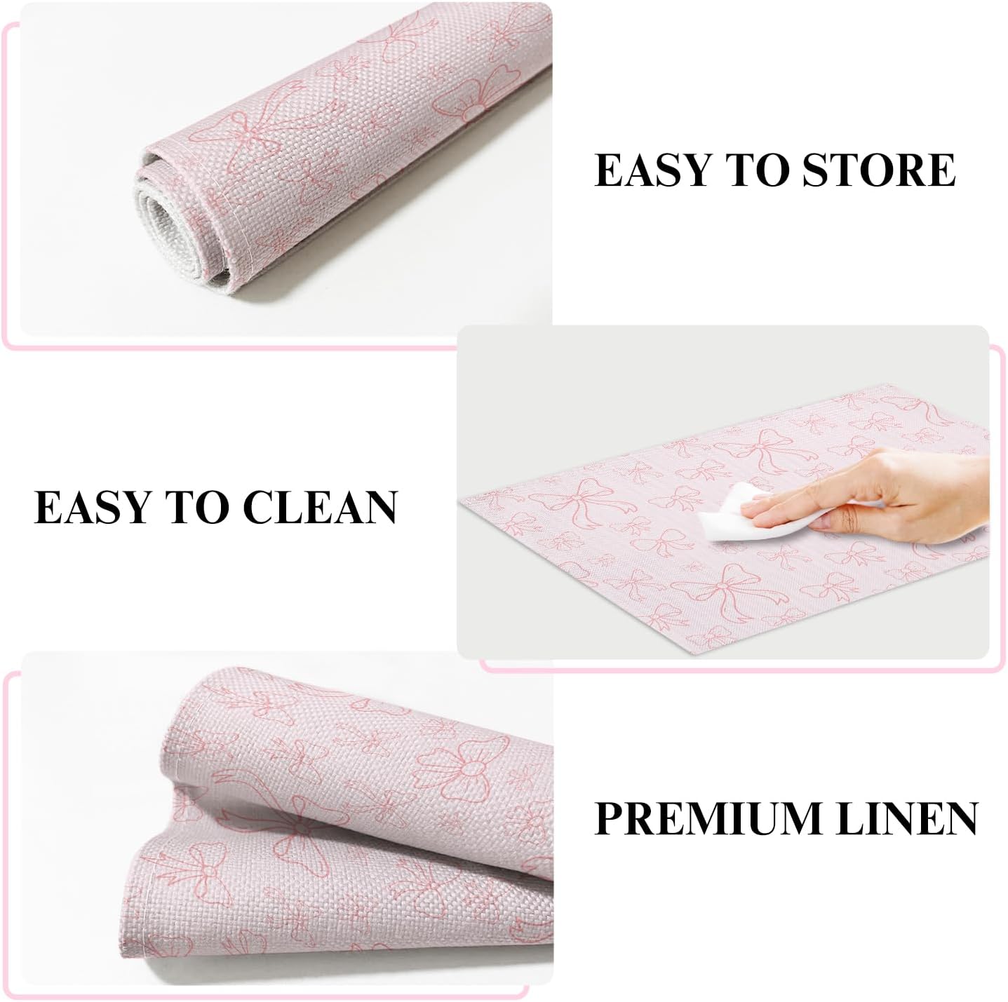 Pink Bow Cotton Linen Placemats Set of 4, 12x18 Table Mat for Family Dinners Wedding Parties Restaurant Kitchen Decoration, Waterproof Washable Heat Resistant Place Mats -a10