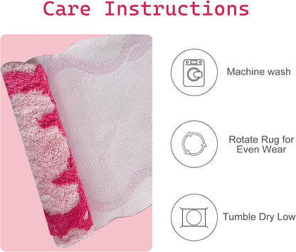 Pink Rose Bow Bath Mat Non Slip Scalloped Bedroom Girly Bow Bath Rug Cute Carpet Bathroom Decor Microfiber Absorbent Bath Rug for Bathtub Shower (Pink-Rose, 31" x 20")