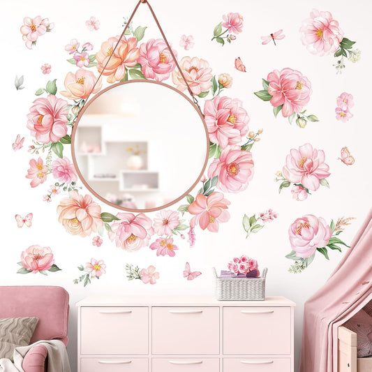 decalmile Pink Peony Flower Wall Stickers Watercolor Floral Wall Decals Baby Nursery Girls Bedroom Living Room Wall Decor