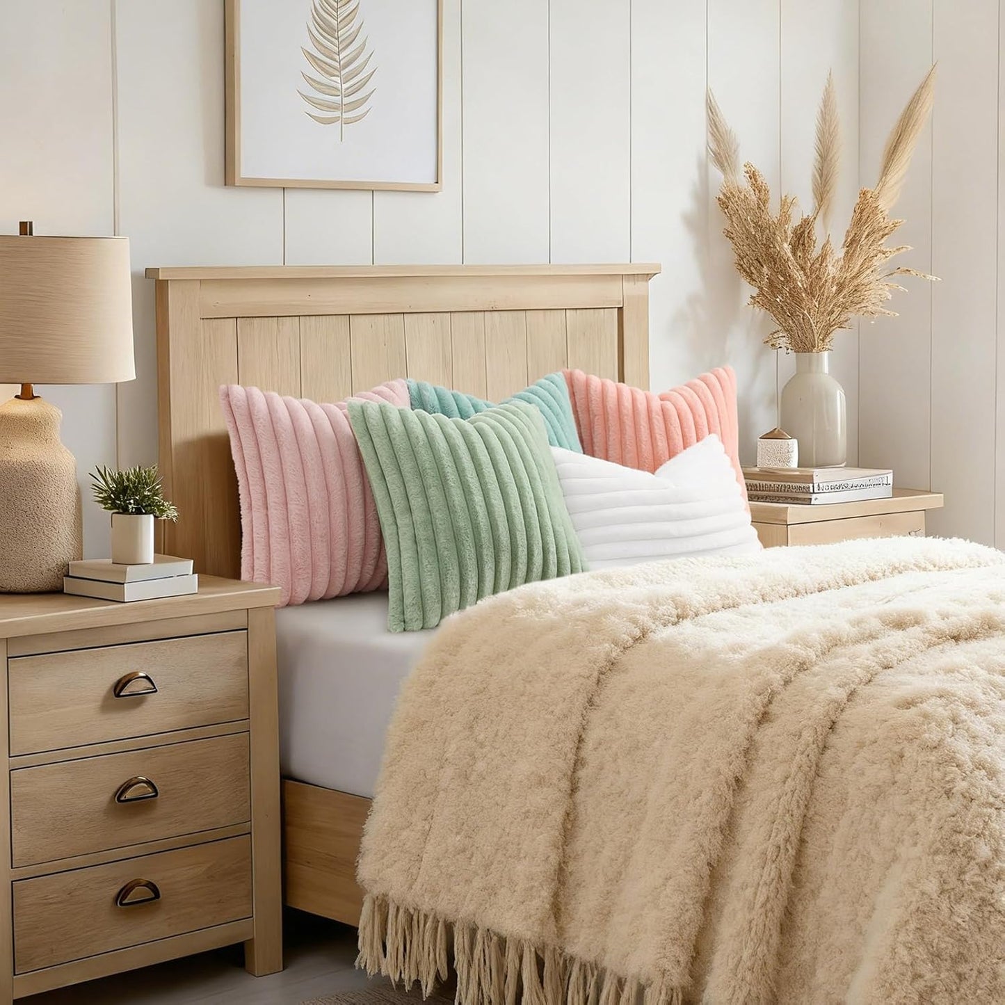 decorUhome Summer Cozy Faux Fur Throw Pillow Covers 18x18 Set of 2 Decorative Soft Plush Striped Modern Farmhouse Boho Couch Pillow Cases with Velvet Back for Sofa Bed Living Room, Pink
