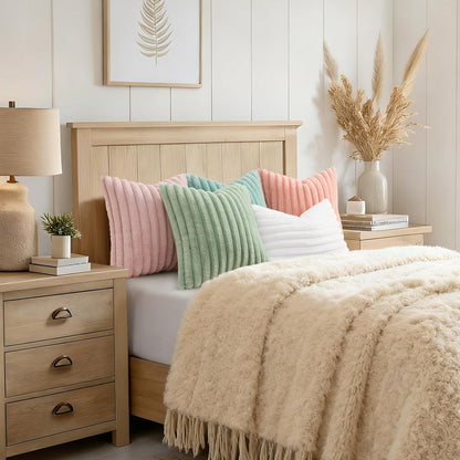 decorUhome Summer Cozy Faux Fur Throw Pillow Covers 18x18 Set of 2 Decorative Soft Plush Striped Modern Farmhouse Boho Couch Pillow Cases with Velvet Back for Sofa Bed Living Room, Pink