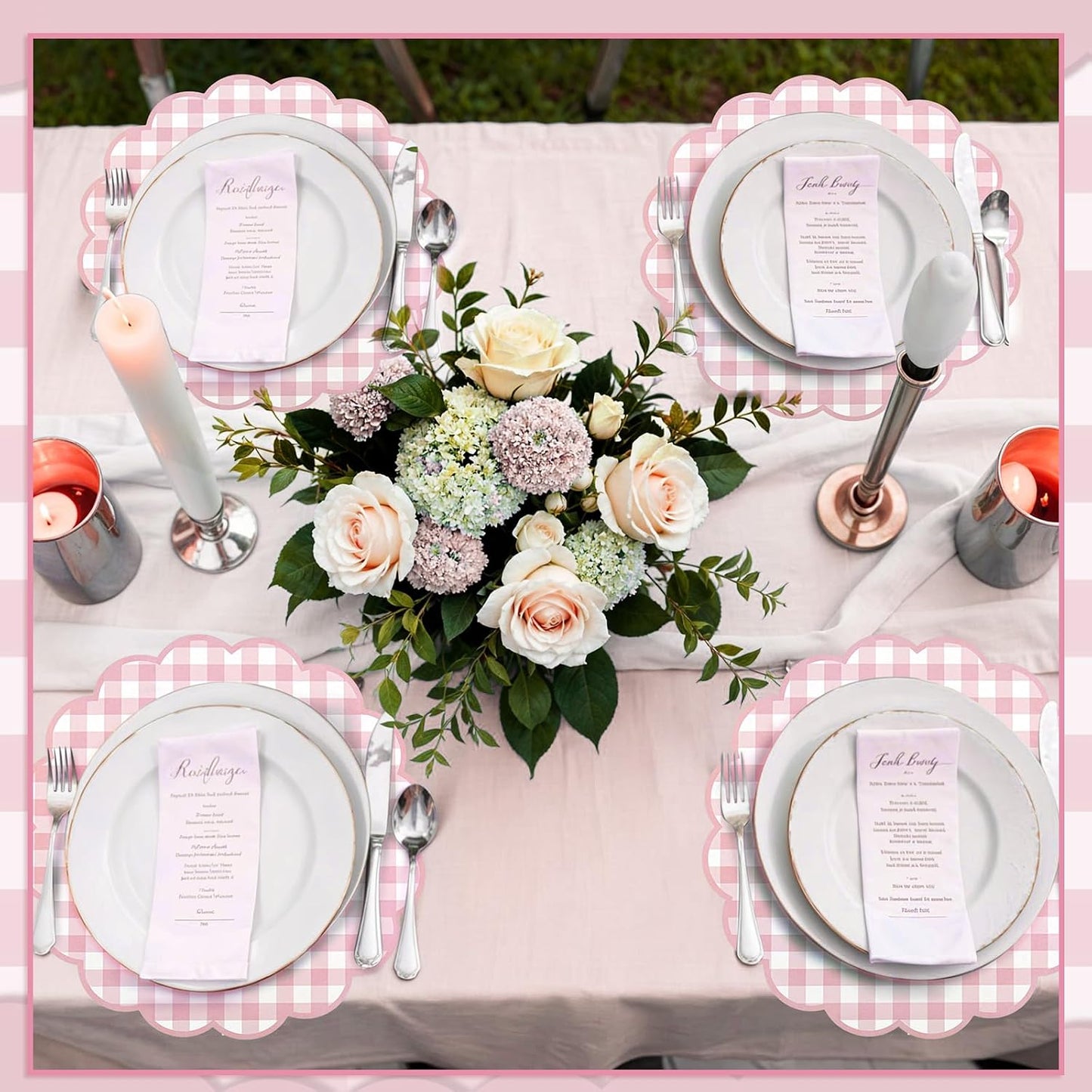 60 Pcs Pink and White Gingham Paper Placemats and 80 Pcs Pink Gingham Napkins