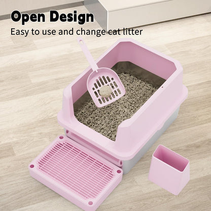 RIZZARI Pink Open-Top Cat Litter Box with Stainless Steel Pan - Extra-Large, Non-Porous & Easy Clean, High Sides Anti-Scatter, Includes Scoop, for Apartment Bathroom or Laundry Room