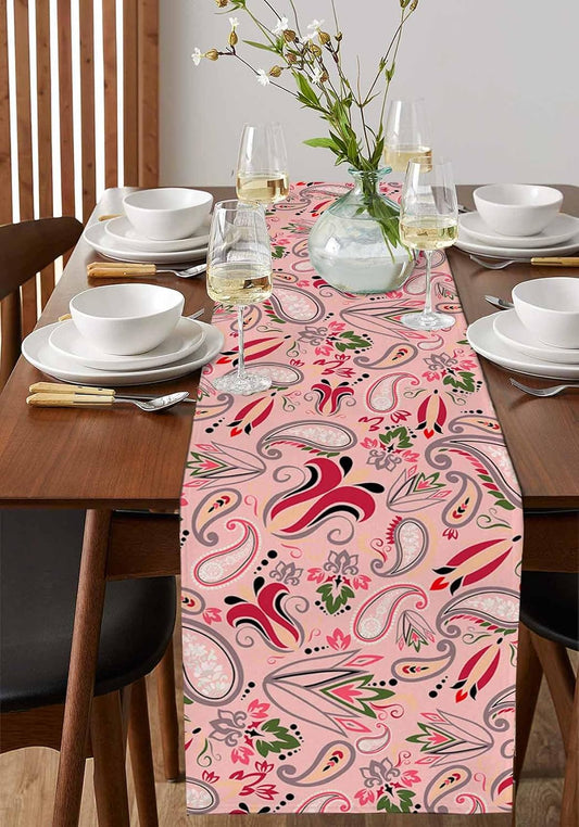 Table Runners-72 Inch Long,Vintage Baroque Style Floral Linen Dresser Scarves Dining Table Runner Abstract Pink Paisley Flowers Tabletop Scarf for Home Kitchen Holiday Party Decor