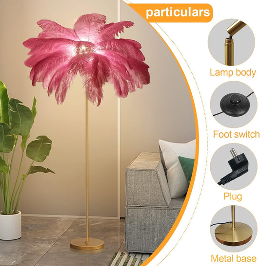 Natural Ostrich Feather Floor Lamp with Feather lampshade Dimmable Floor Standing Lamp Gold Feather Floor Lamp for Living Room Decor Corner Floor Lamp for Bedroom Study Office(Pink)