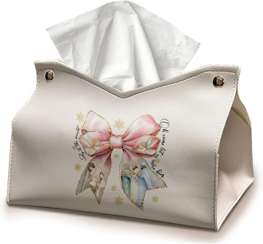 Pink Bows Tissue Box Cover Rectangle, Snowflake Winter Holiday Decor Tissue Box Holder Organizer, Bow Decor for Bathroom Kitchen Car, Farmhouse Christian Gifts for Women Girls 9.8x5.9x5.9