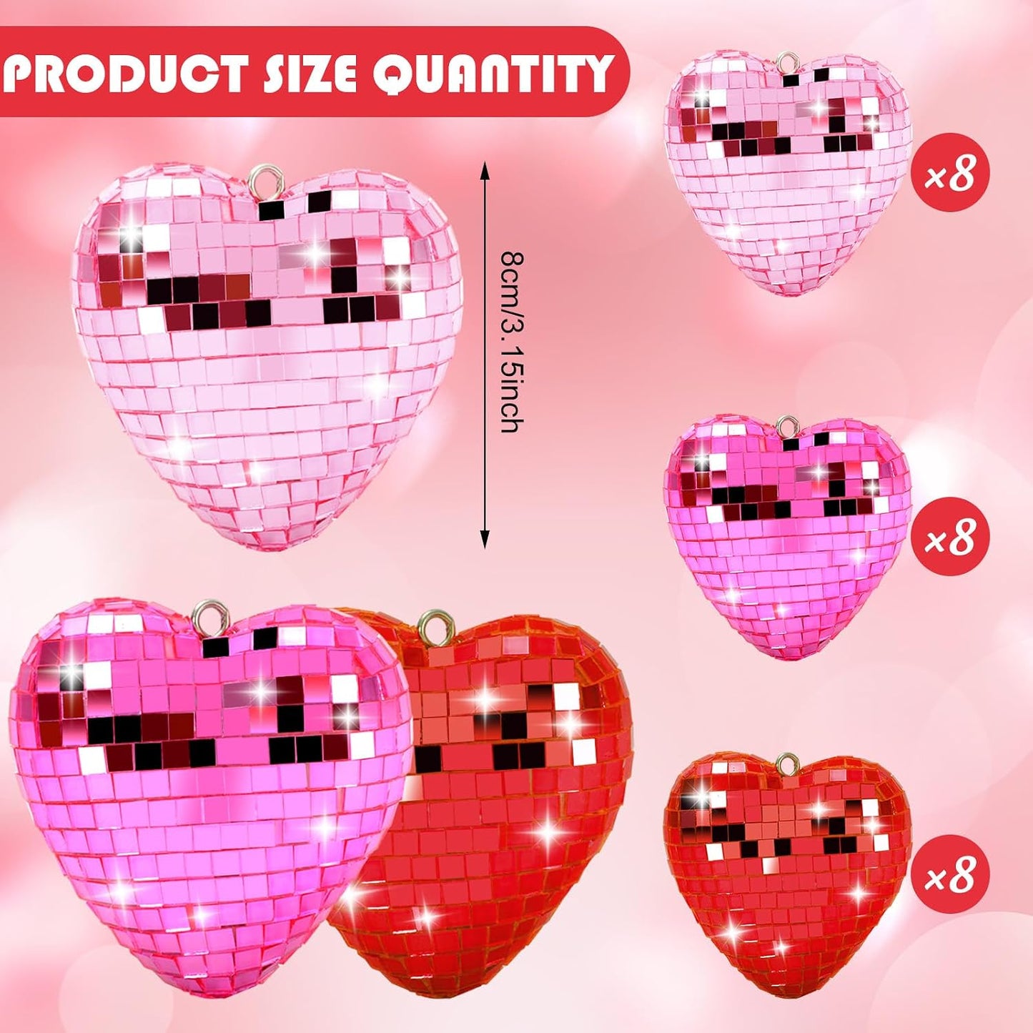 FYSUIMU 24Pcs Valentine Heart Shaped Hanging Ornaments Mirror Disco Ball Tree Bauble Red Pink Hanging Ornament for Valentine Wedding Anniversary Party Supplies