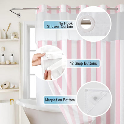 LB No Hook Shower Curtain with Snap in Liner Pink and White Striped Shower Curtain for Bathroom Vertical Stripe Geometric Bathroom Curtains Shower Set, 72x74 inches Shower Curtains and Liner Set