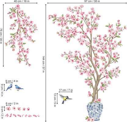 decalmile Pink Cherry Blossom Flower Tree Wall Decals Hanging Floral Tree Branch Birds Wall Stickers Living Room Bedroom Tv Background Wall Decor