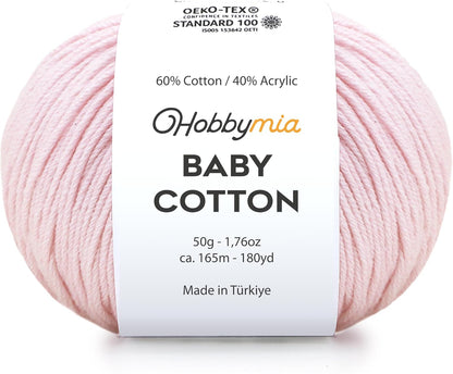 Baby Cotton Blend Yarn – Soft Sport Weight Yarn for Crochet & Amigurumi - 50g/180yds - 60% Cotton 40% Acrylic - Ideal for Baby & Knitting Proj.(Light Pink, 1 Ball)