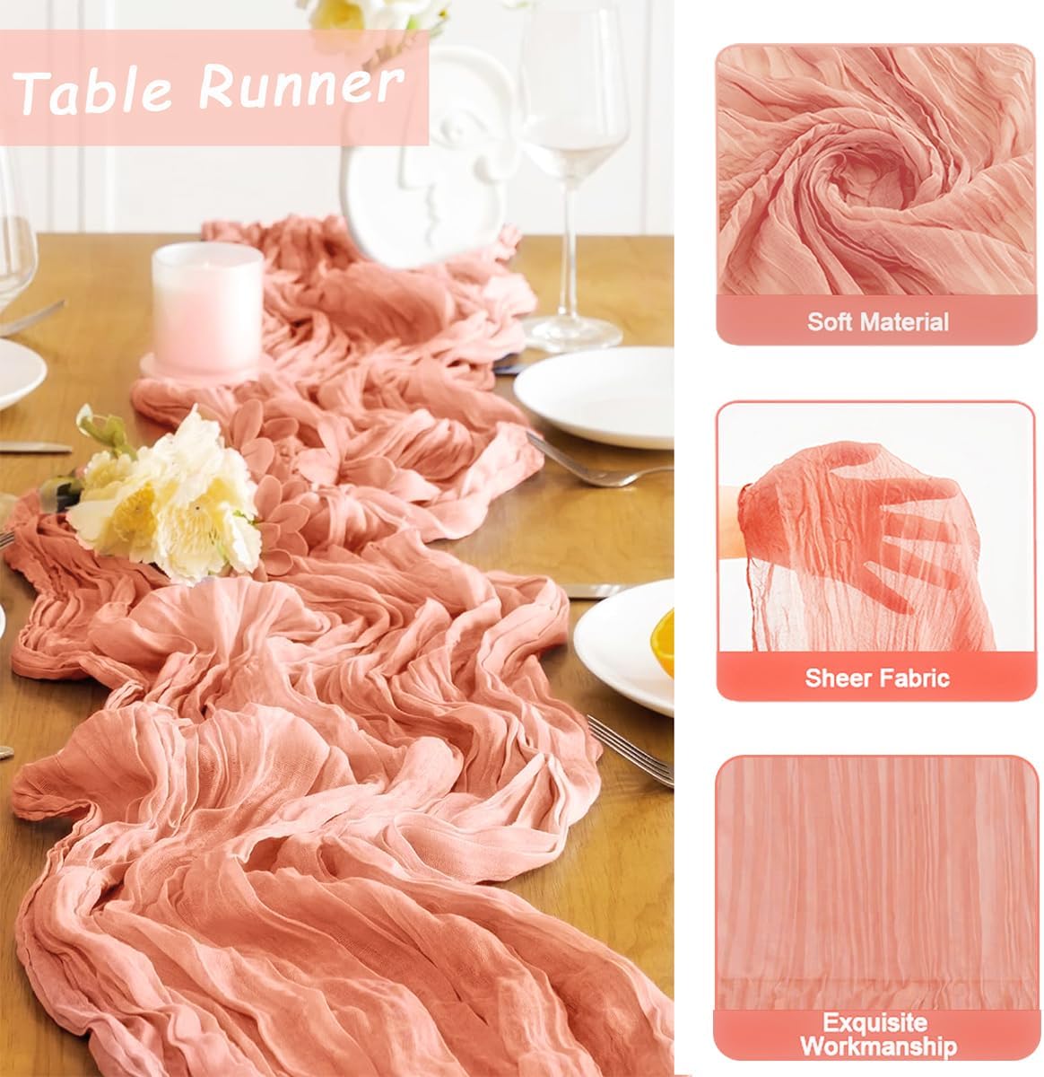 Mothers Day Table-Runner, Coral Peach 120 inch 10FT Cheese Cloth Runner for Wedding Party Baby Shower Birthday Home Decor Holiday Decorations