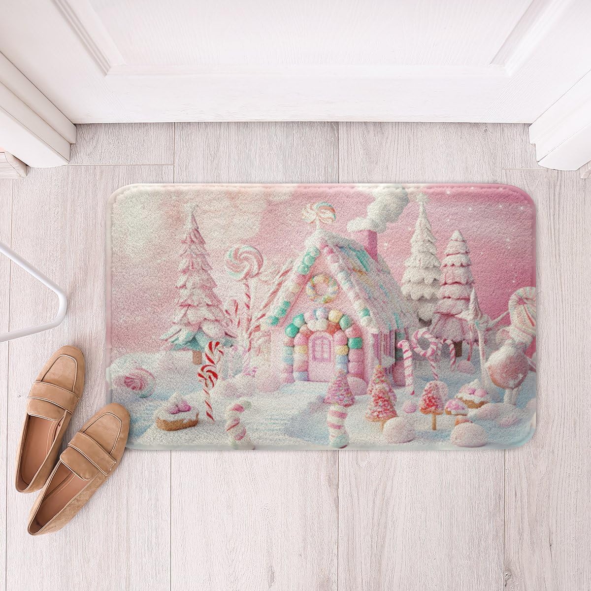 Erosebridal Christmas Candy House Bathroom Rug Non Slip Kawaii Sweet Xmas Bath Mat for Bathroom Cartoon Pink Christmas Decor Door Mat for Bedroom,Winter White Snow Entrance Rug 16"x24"