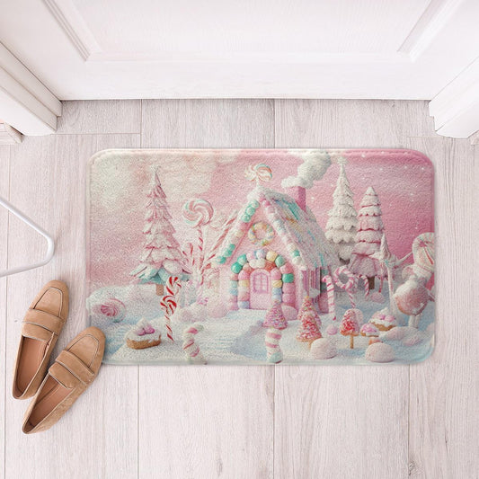 Erosebridal Christmas Candy House Bathroom Rug Non Slip Kawaii Sweet Xmas Bath Mat for Bathroom Cartoon Pink Christmas Decor Door Mat for Bedroom,Winter White Snow Entrance Rug 16"x24"