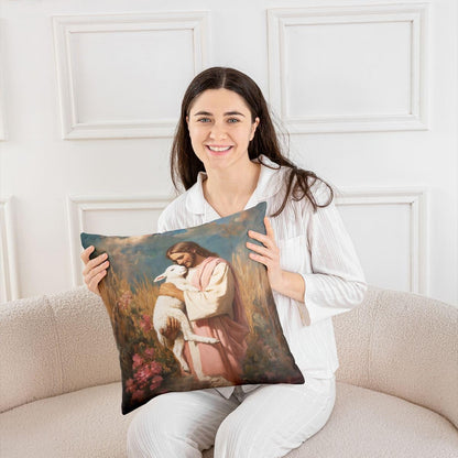 Manfei Man Holding Lamb Kids Throw Pillow Cover,Pink Yellow Spiritual Faith Double Sides Pillow Case,Inspirational Verse Home Decor,Flowers The Lost Lamb Couch Sofa Cushion Cover,1 Pack 22"x22"