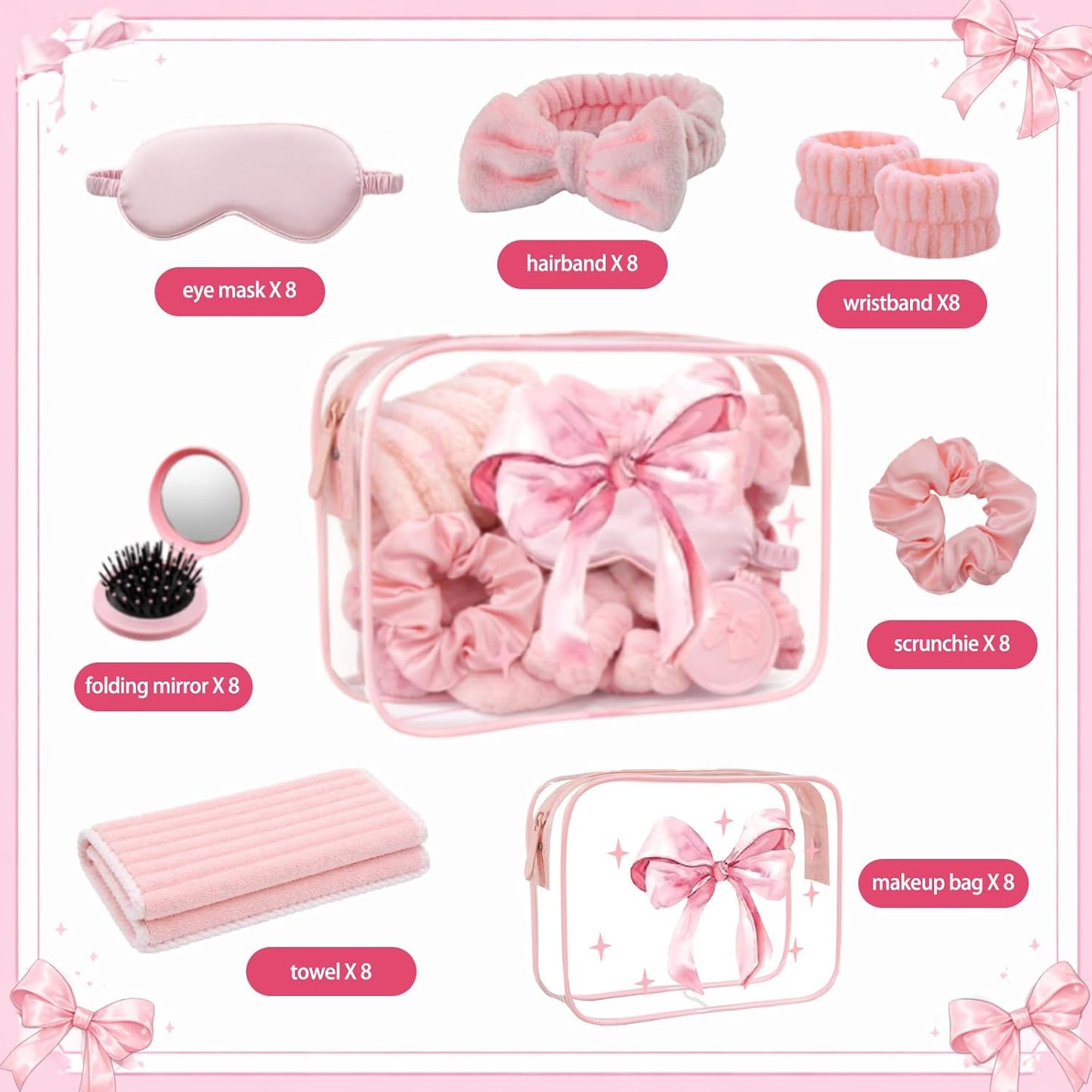 Yebo 64 Pcs Pink Bow Spa Party Favors for Women and Girls, 8 Set Sleepover Spa Party Supplies with Sleep Eye Mask, Wristband, Scrunchie, Bow Headband, Mirror, Hair Comb and Gift Bags