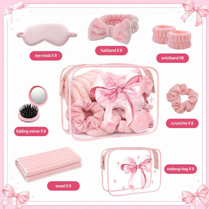 Yebo 64 Pcs Pink Bow Spa Party Favors for Women and Girls, 8 Set Sleepover Spa Party Supplies with Sleep Eye Mask, Wristband, Scrunchie, Bow Headband, Mirror, Hair Comb and Gift Bags