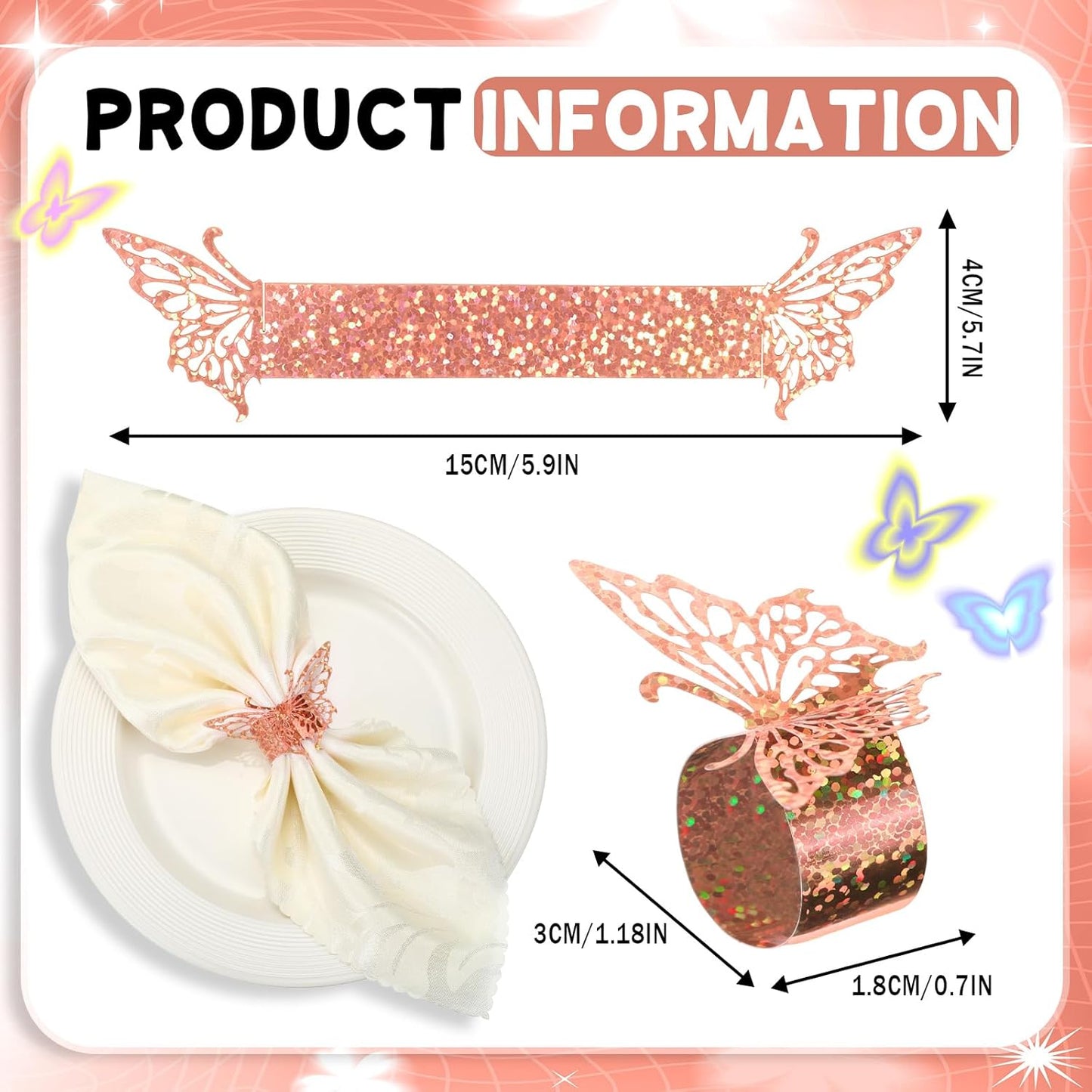 Patelai 200 Pcs Rose Gold Butterfly Napkin Rings Sequined 3D Butterfly Paper Napkin Holders for Dinners Tables Wedding Anniversary Party Decor Baby Bridal Shower Banquet Supply