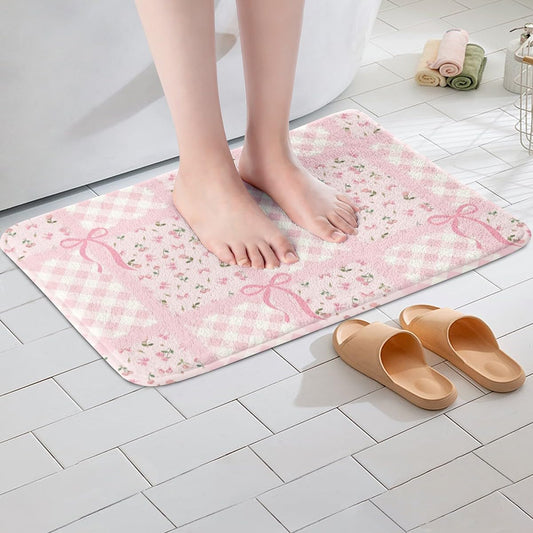 Manfei Cute Bowknot Bath Mats Pink Floral Bow Bathroom Mats Rugs,Geometric Plaid Grid Patchwork Bath Carpets,Kids Boys Girls Room Decor,Non Slip Absorbent Plush Floor Rugs, 20Wx32L Inches