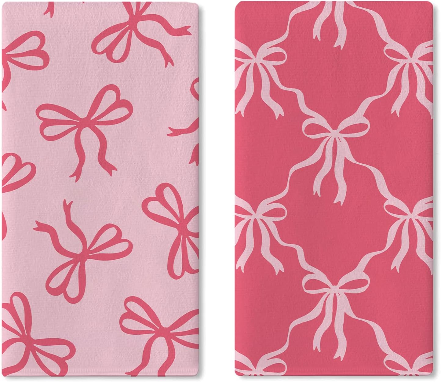 Pink Bow Kitchen Dish Towels Set of 2, Coquette Ribbon Preppy Drying Hand Towel Baking Cooking Cloth, Aesthetic Girly Bathroom Home Decoration Gift for Girls Women 18'' x 26''