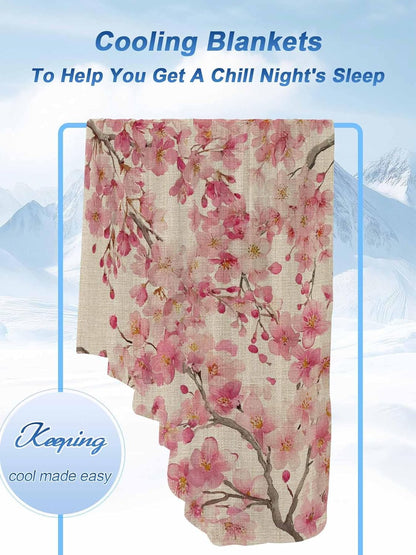 Cooling Blanket for Hot Sleepers, Peaches Branches Lightweight Ice Blanket for Night Sweats, Farmhouse Spring Botanical Pink Flowers Summer Cooling Throw Blankets for Bed/Soft/Travel 30"x40"
