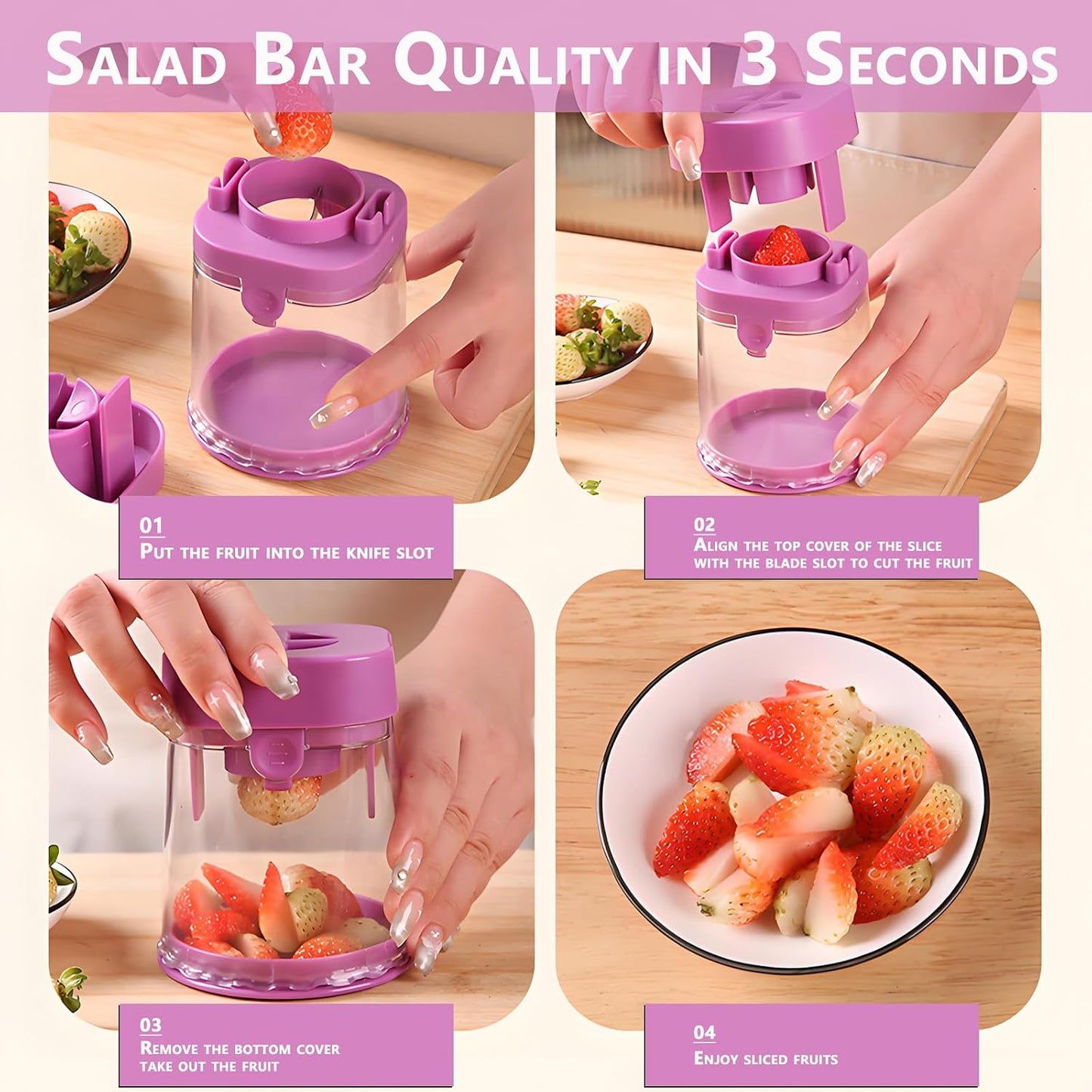Grape Cutter for Toddlers Baby-Led Weaning — One Press Fruit Slicer Cup, 304 Stainless Steel Blades, Quarters Grapes Strawberries Cherry Tomatoes into 4 Pieces, Easy to Clean (Pink)