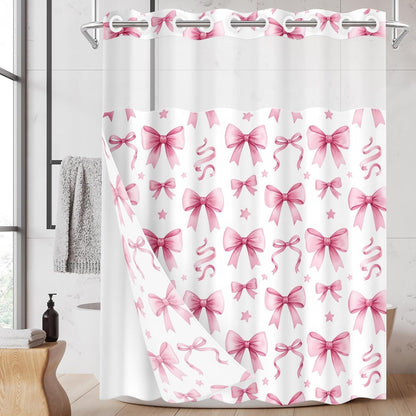 No Hook White Pink Bow Shower Curtain with Snap in Fabric Liner Set, Girls Cute Double Layers Waterproof Fabric with See Through Top Window Open Grommet Bath Curtain 71x74 Inch