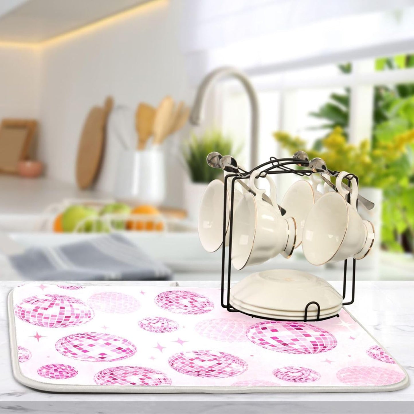 Disco Balls Pink Dish Drying Mat for Kitchen Counter Absorbent Microfiber Drying Pad, Medium 16x18 in, Reversible Drainer Mats