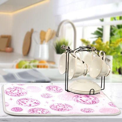 Disco Balls Pink Dish Drying Mat for Kitchen Counter Absorbent Microfiber Drying Pad, Medium 16x18 in, Reversible Drainer Mats