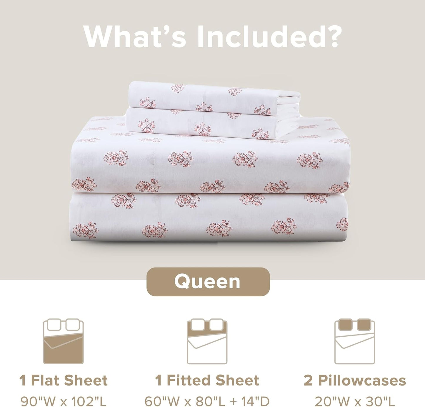 Comfort Spaces 100% Cotton Sheets Queen, Breathable, Naturally Cool Cotton Sheets, Cotton Bed Sheets with 14" Elastic Pocket Fits up to 16" Mattress, All Seasons Sheet Set, Floral Pink 4 Piece