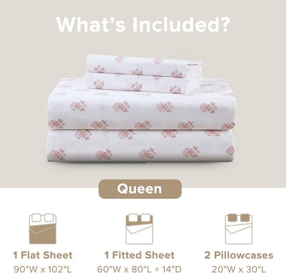 Comfort Spaces 100% Cotton Sheets Queen, Breathable, Naturally Cool Cotton Sheets, Cotton Bed Sheets with 14" Elastic Pocket Fits up to 16" Mattress, All Seasons Sheet Set, Floral Pink 4 Piece