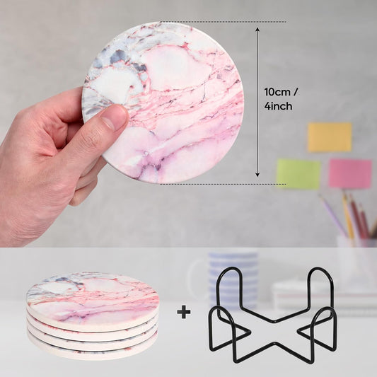 Cute Pink Marble Coasters Set of 4, 4 Inch Office Aesthetic Absorbent Drink Coasters for Women