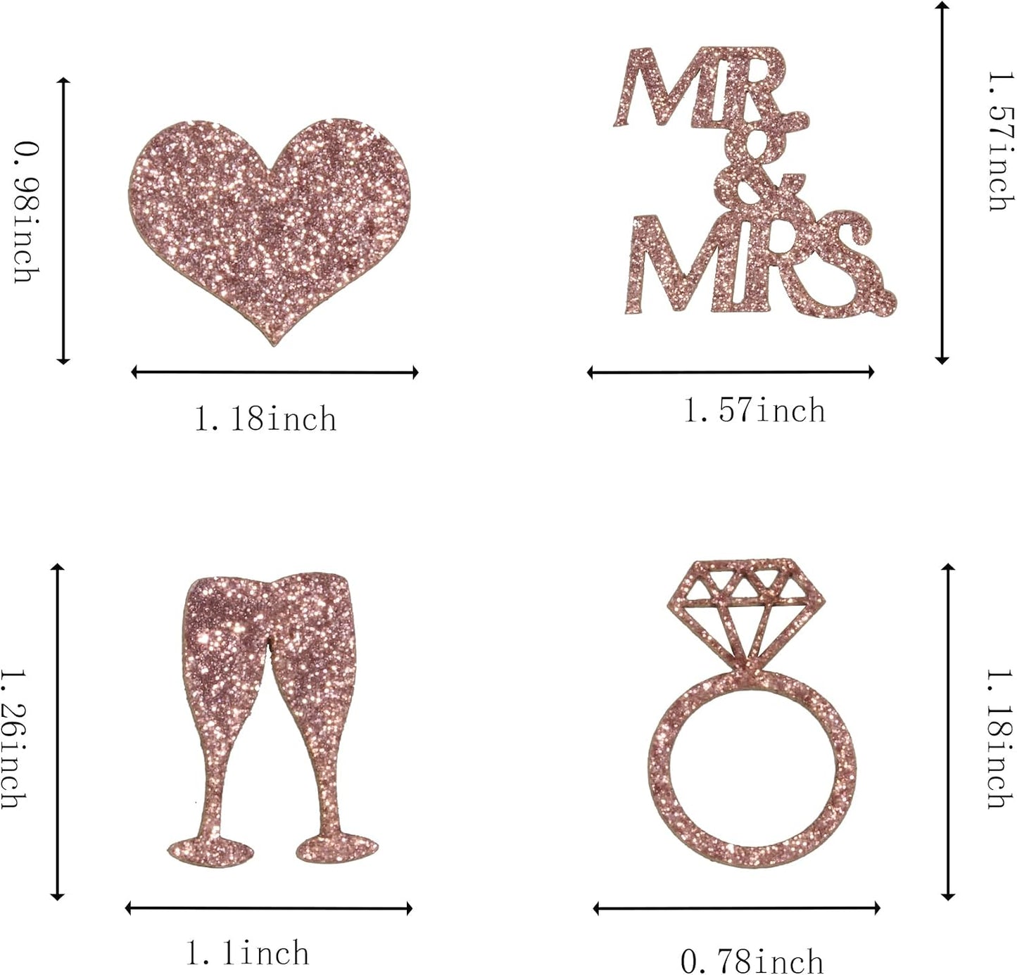 200PC Rose Gold Wedding Confetti for Bridal Shower Decorations Heart Ring Mr&Mrs Table Scatter for Bachelorette Engagement Party Decorations