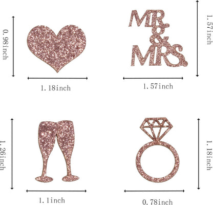 200PC Rose Gold Wedding Confetti for Bridal Shower Decorations Heart Ring Mr&Mrs Table Scatter for Bachelorette Engagement Party Decorations