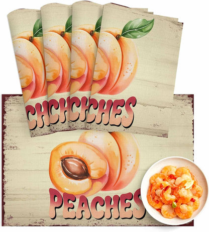 Pink Peaches Placemats Set of 4, Washable PVC Kitchen Table Mats Place Mats, Vintage Farmhouse Botanical Fruit Leaves Woven Vinyl Placemat for Dining Table, 13" x 19"