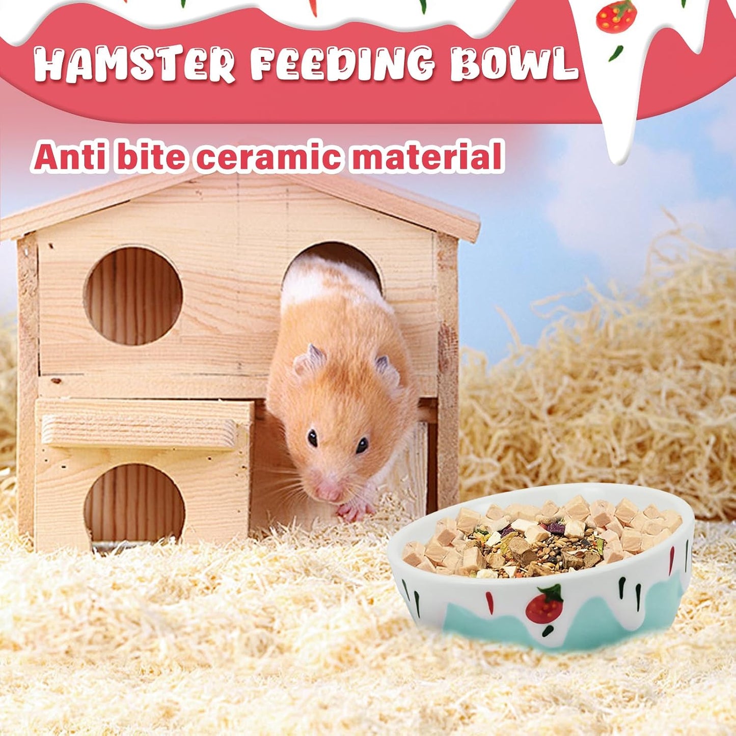 3.4oz Small Animal Food Bowl, Heavy Anti-Tipping Ceramic Pet Bowls with Strawberry Pattern, Hamster Water Bowl for Gerbils/Guinea Pigs/Reptile/Bird, Easy to Clean Hamster Food Bowl (Pink, A)
