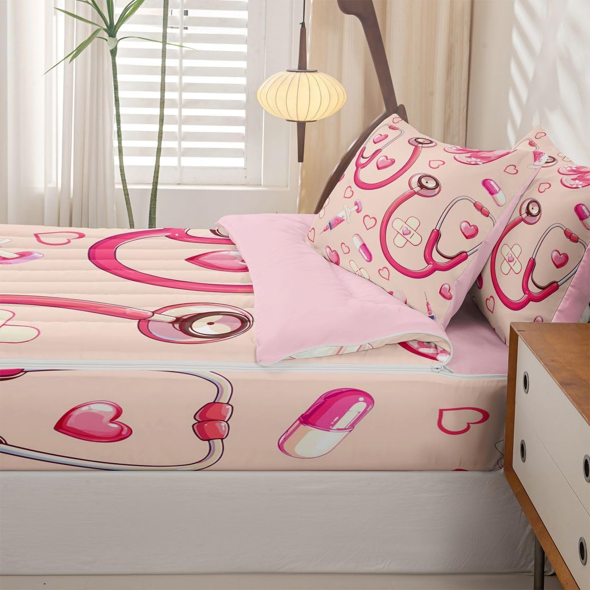 Erosebridal Peach Nurse Zipper Bedding Twin Pink Stethoscope Zip Up Bedding Set for Boys and Kids, Cute Heart Nursing Bed in a Bag Medical Healthcare Comforter with Fitted Sheet and 2 Pillowcases